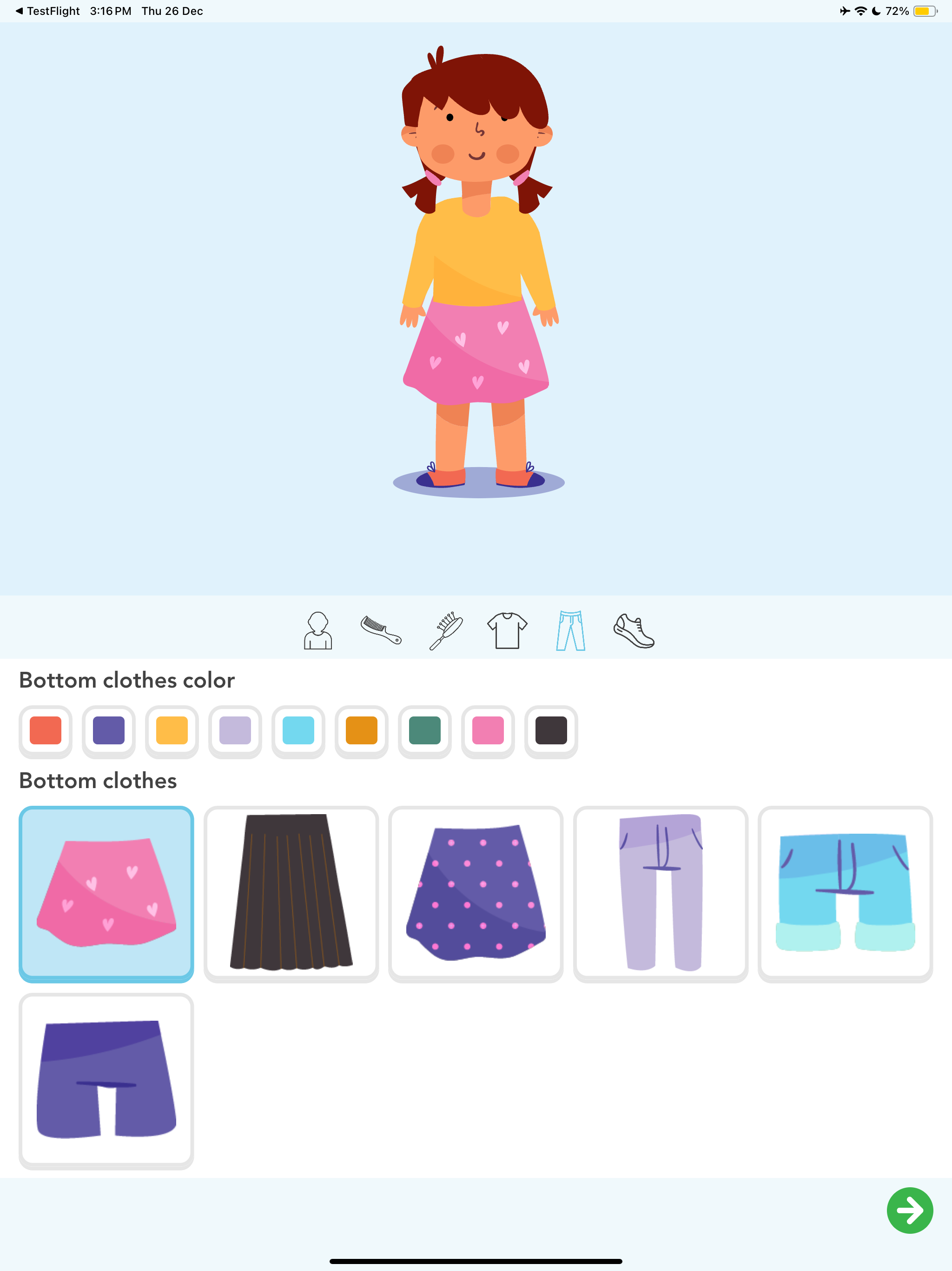 Personalized avatar customization in Amal app on iPad — girl character keeps children motivated during home Arabic learning sessions