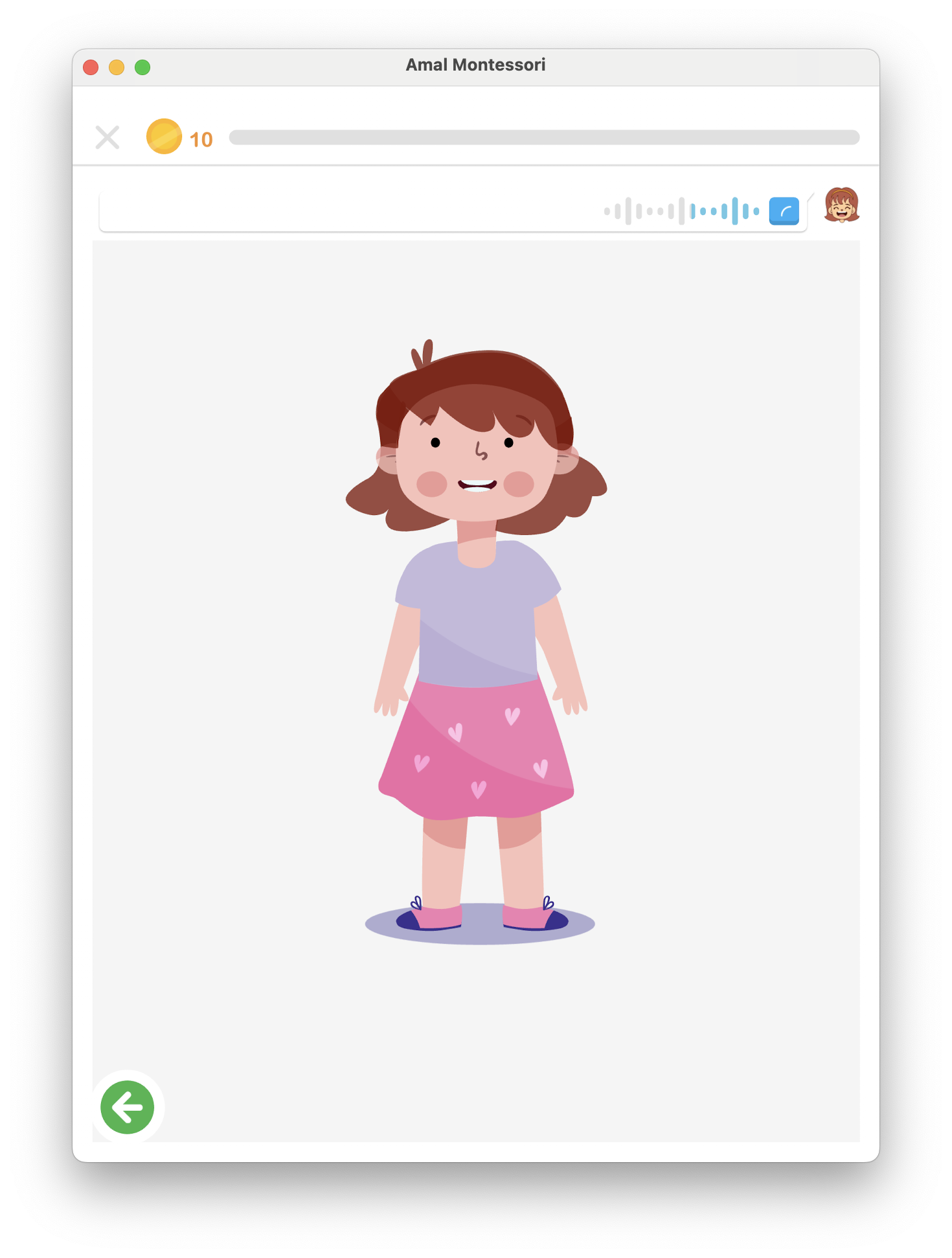 AI lip-sync character teaching Arabic pronunciation in Amal app on iPad — animated girl demonstrates correct mouth position for each Arabic letter