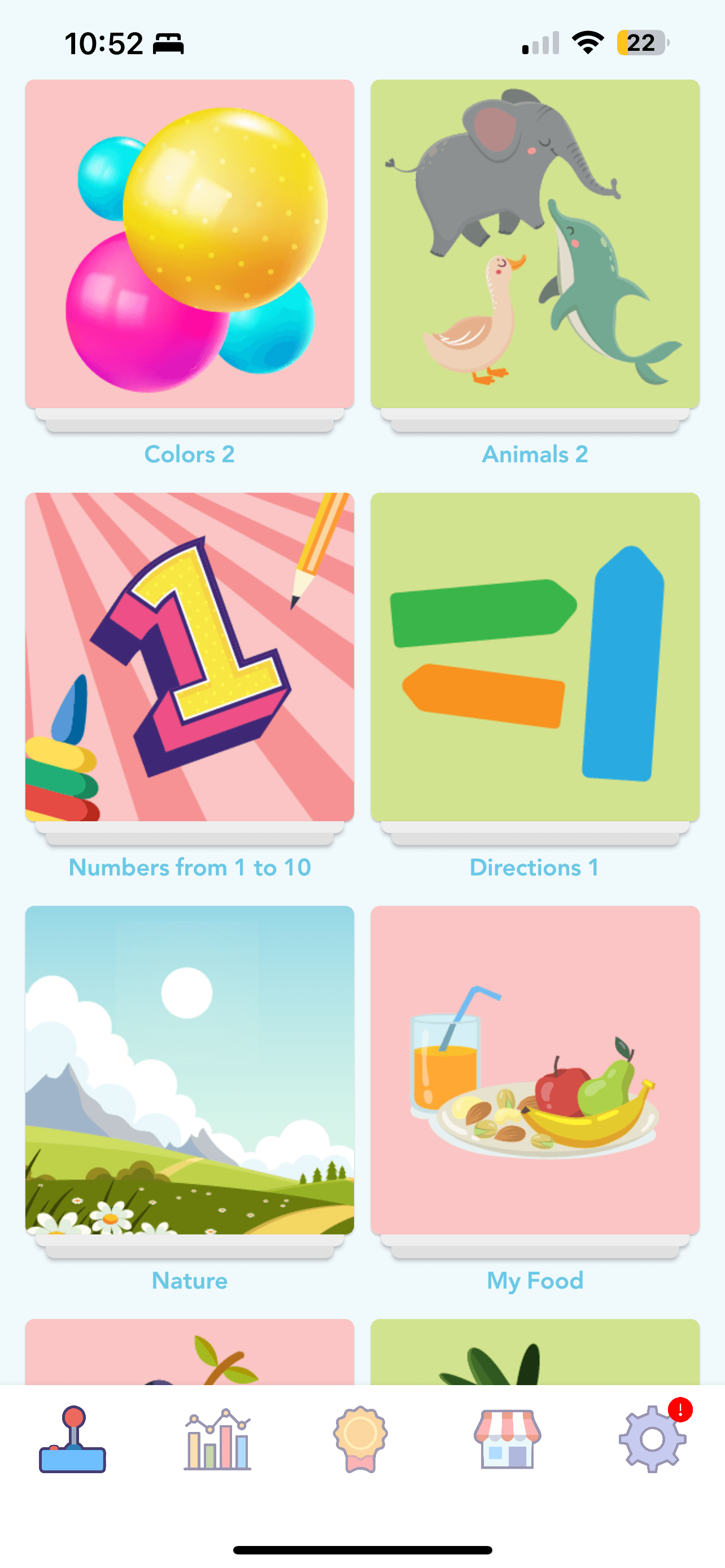 Arabic learning subjects list in Amal app on iPhone — every subject has fully spoken Arabic audio with correct native pronunciation